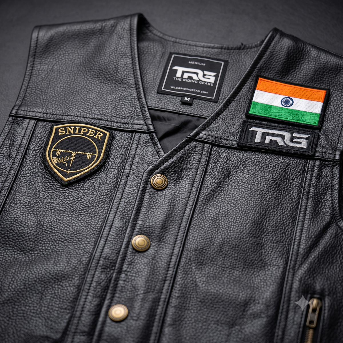 Sniper Biker Patch close-up showing gold embroidery on black leather motorcycle riding vest