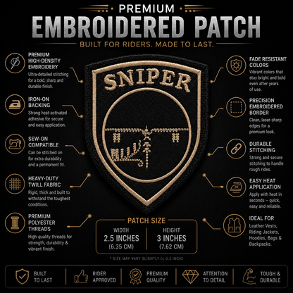 Sniper Biker Patch infographic showing embroidery features and 2.5 x 3 inch patch size