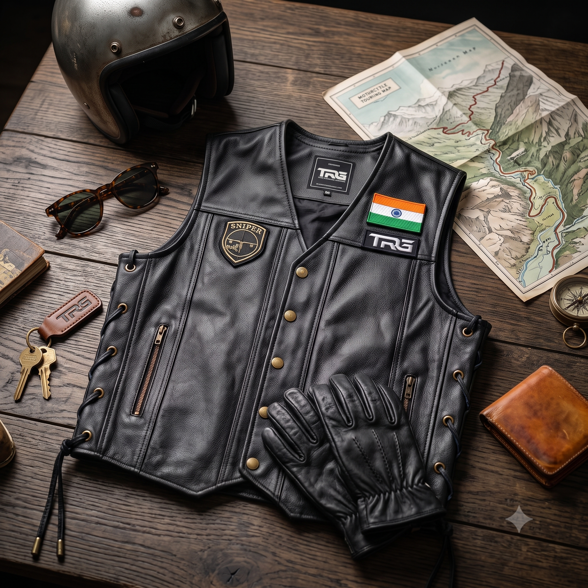 Sniper Biker Patch displayed on black motorcycle vest with helmet, riding gloves, map and riding accessories