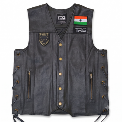 Sniper Biker Patch displayed on black leather motorcycle riding vest on white background