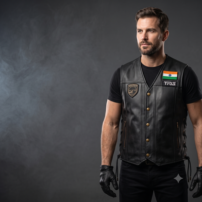 Sniper Biker Patch worn on black leather motorcycle vest by rider in professional studio setting
