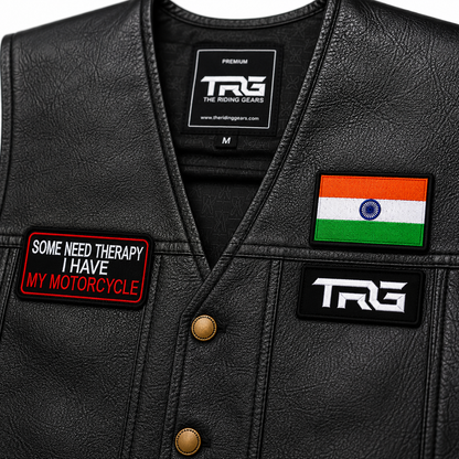 Some Need Therapy I Have My Motorcycle Biker Patch close-up showing red and white embroidery on black vest