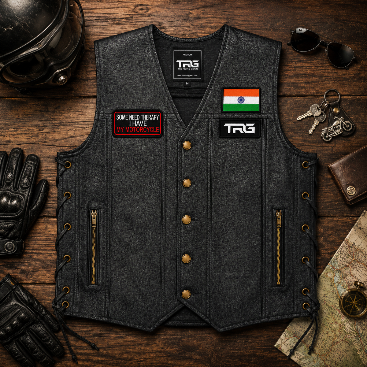 Some Need Therapy I Have My Motorcycle Biker Patch displayed on biker vest with motorcycle accessories