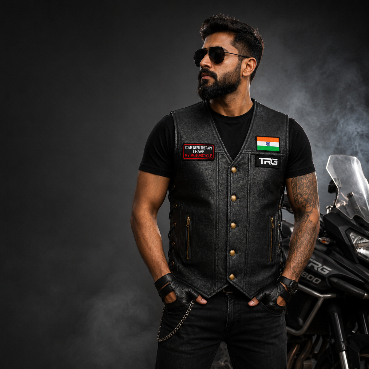 Some Need Therapy I Have My Motorcycle Biker Patch worn on black motorcycle vest by rider