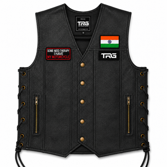 Some Need Therapy I Have My Motorcycle Biker Patch displayed on black riding vest on white background