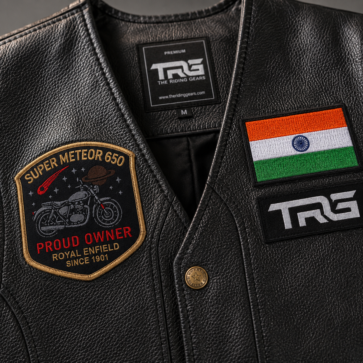 Super Meteor 650 Patch close-up showing motorcycle artwork and detailed embroidery on black riding vest