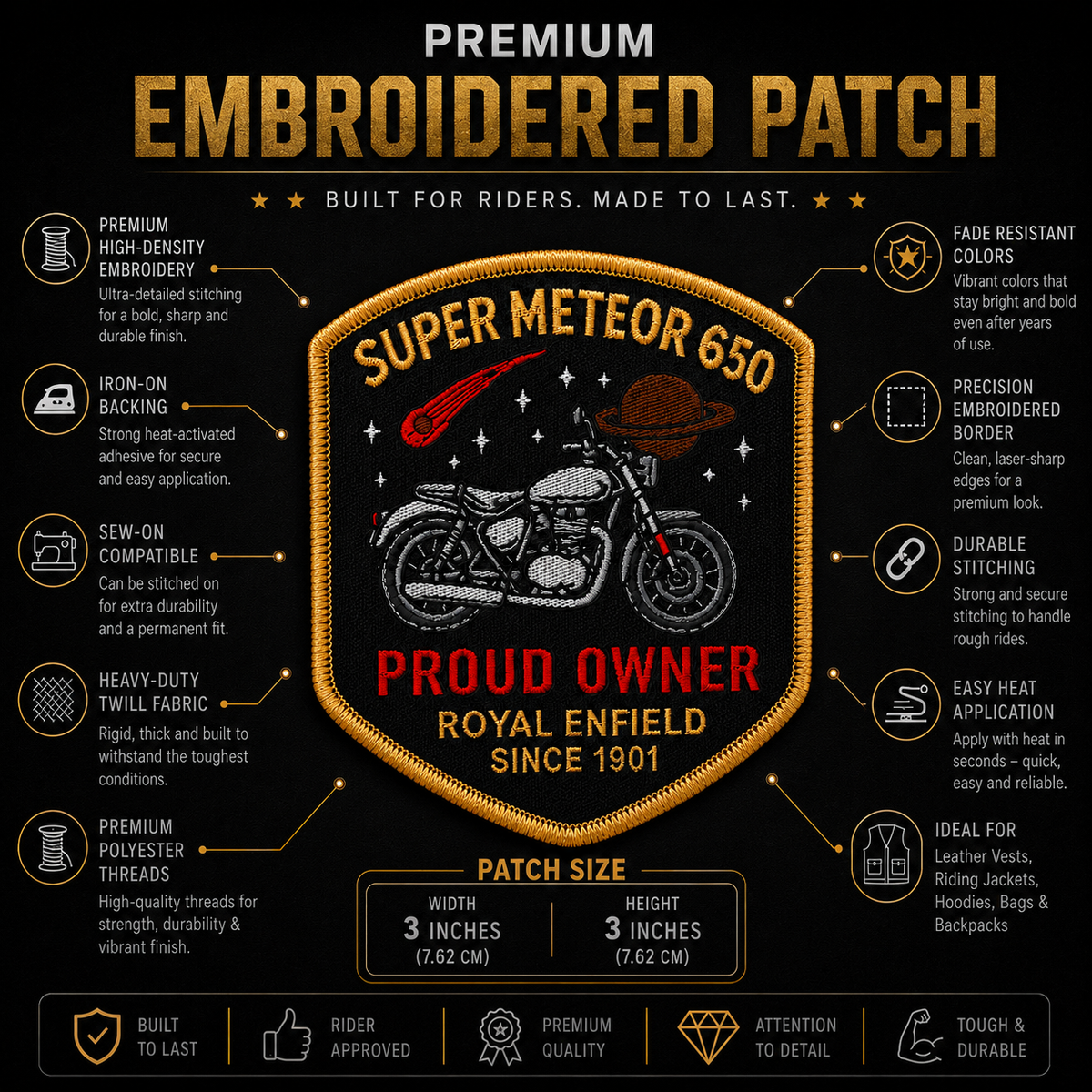 Super Meteor 650 Patch showing premium embroidery features and 3 x 3 inch size
