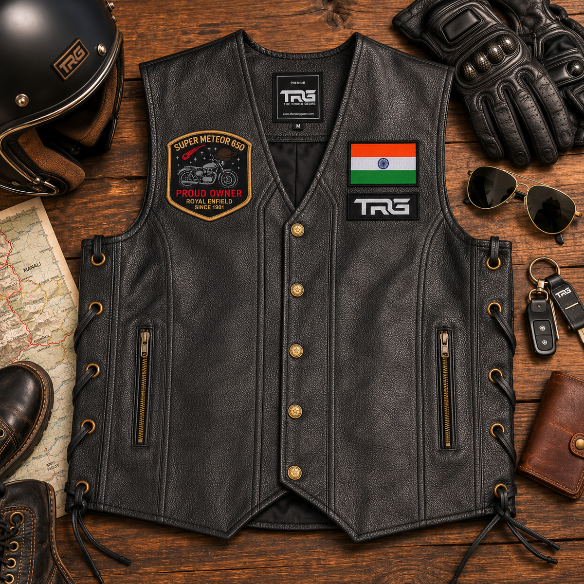 Super Meteor 650 Patch displayed on black biker vest with motorcycle riding accessories