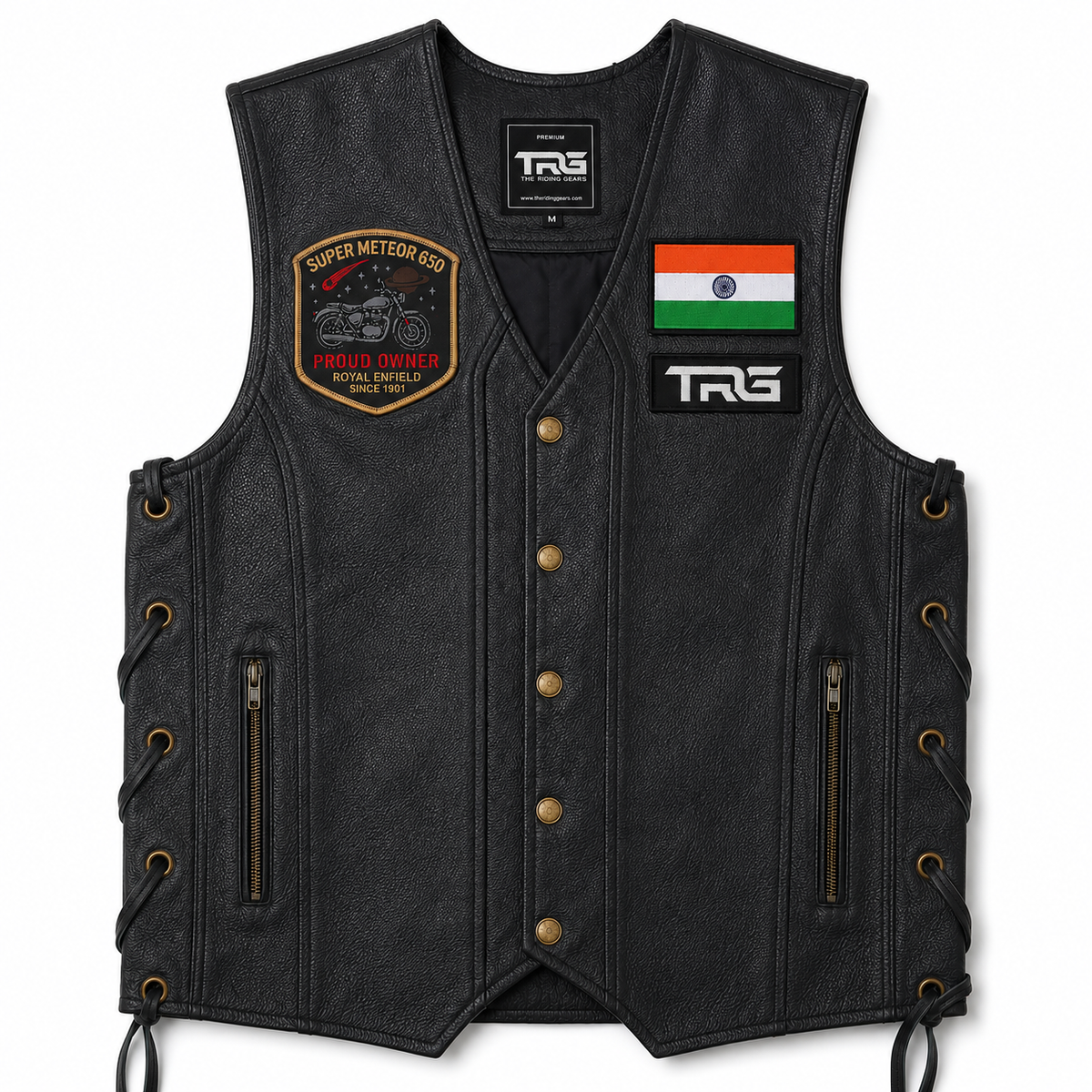 Super Meteor 650 Patch displayed on black motorcycle riding vest on white background