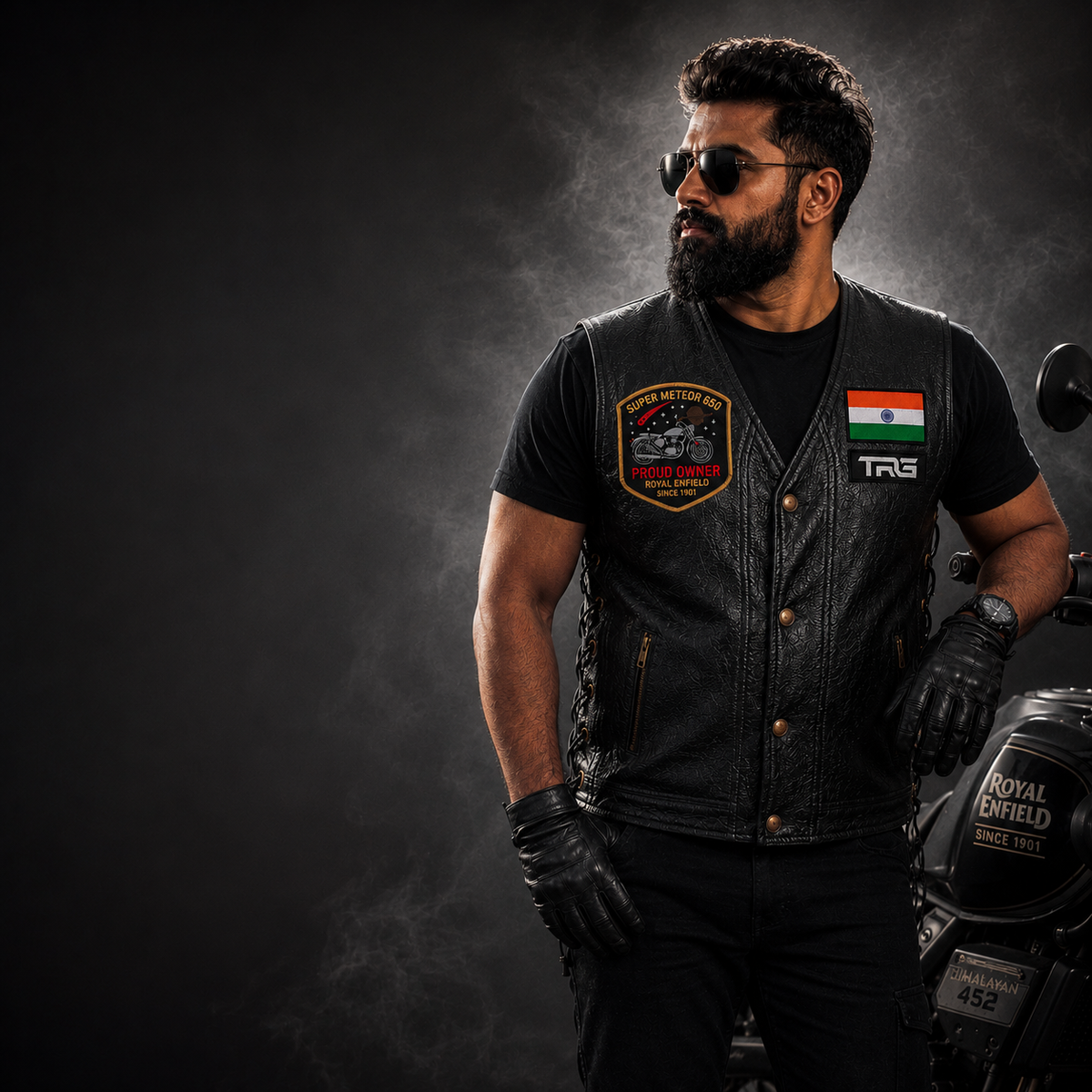 Super Meteor 650 Patch worn on black motorcycle vest by Royal Enfield rider