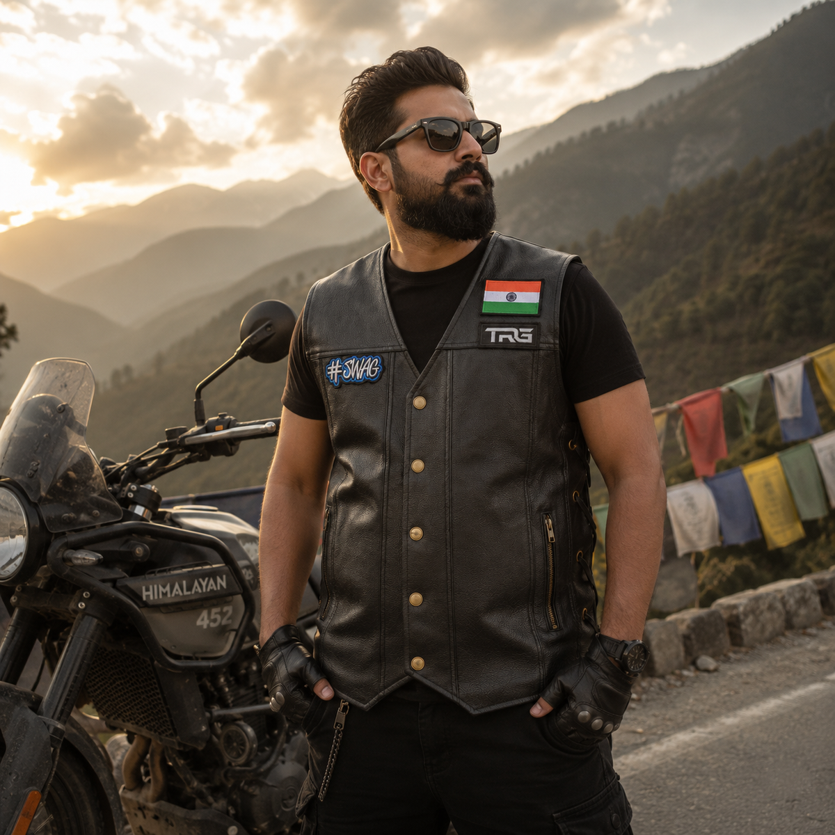 SWAG Biker Patch worn on black leather motorcycle vest by rider in mountain setting