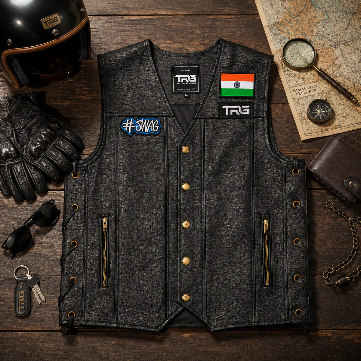 SWAG Biker Patch displayed on black biker vest with motorcycle helmet, gloves, map and riding accessories