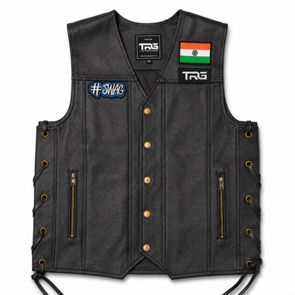 SWAG Biker Patch displayed on black motorcycle riding vest on white background