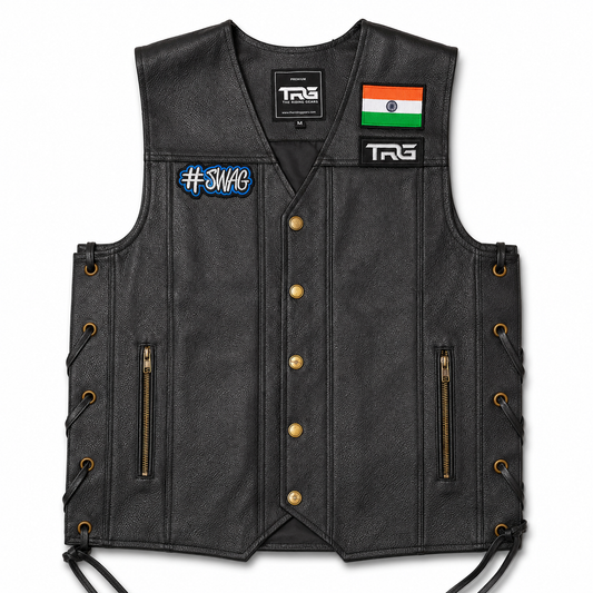 SWAG Biker Patch displayed on black motorcycle riding vest on white background
