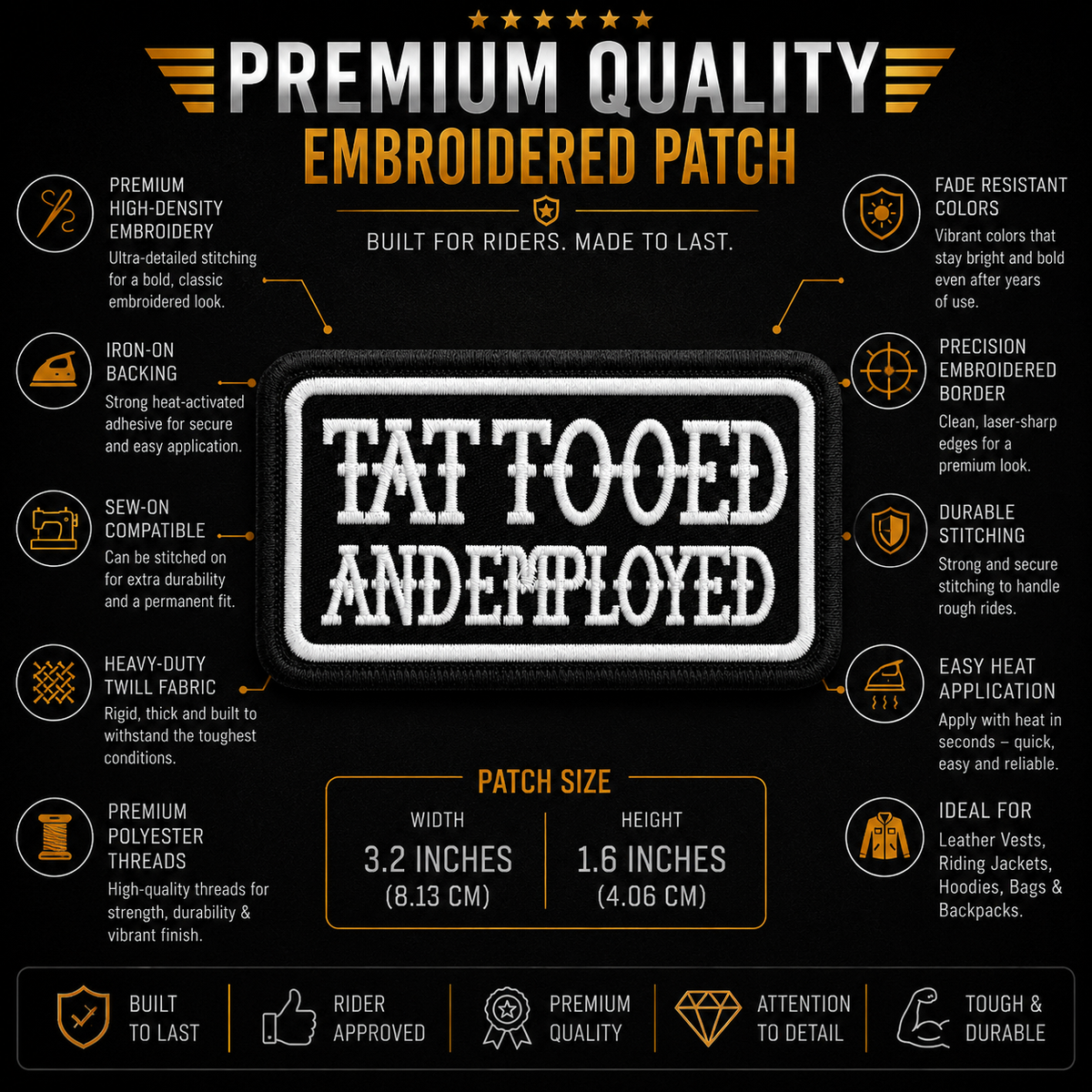 Tattooed and Employed Biker Patch showing embroidery features and 3.2 x 1.6 inch size