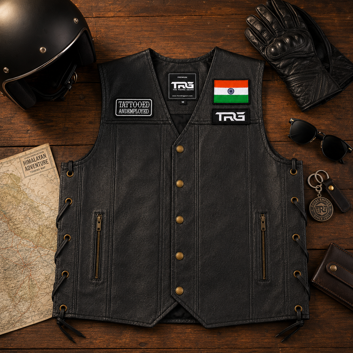 Tattooed and Employed Biker Patch displayed on black biker vest with motorcycle riding accessories
