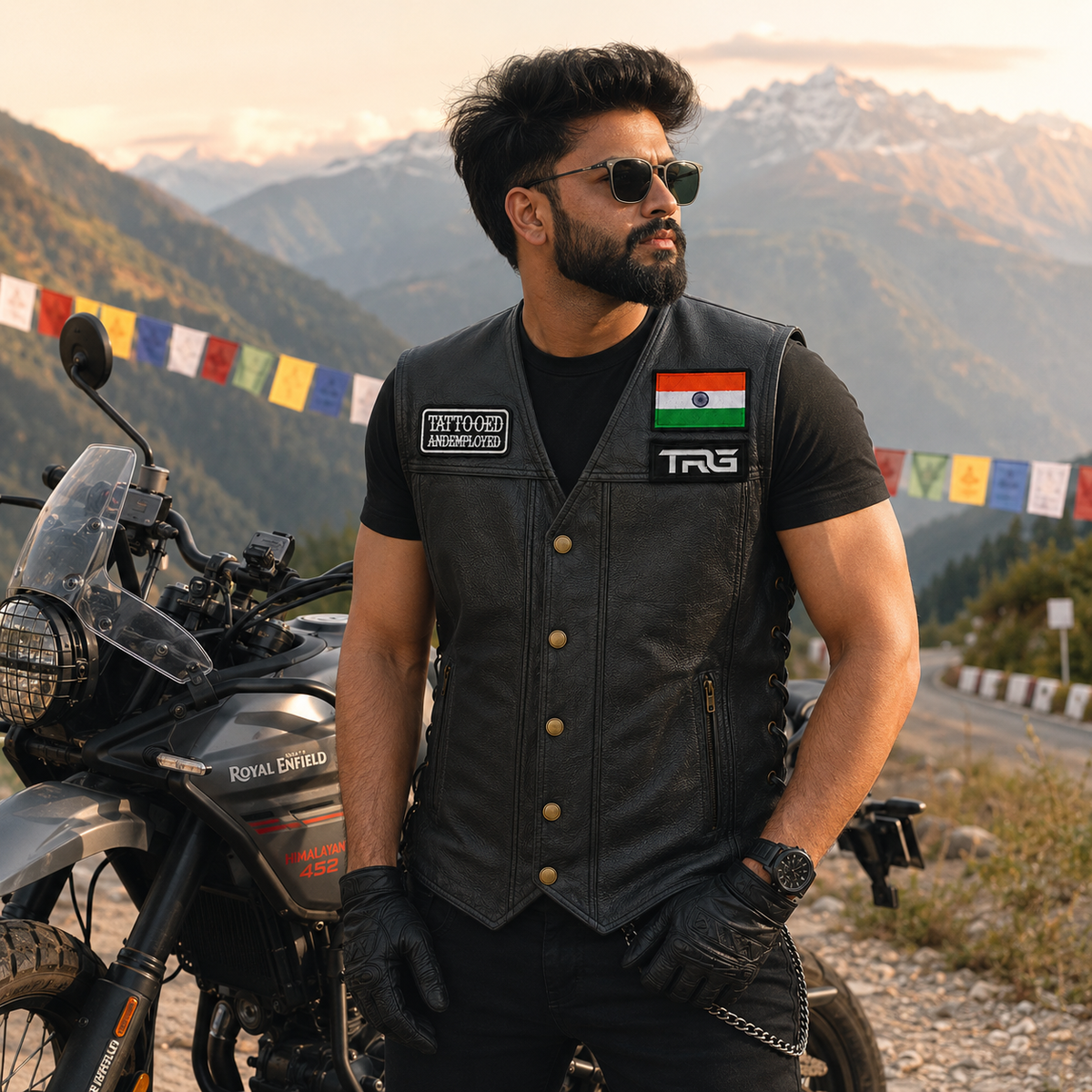 Tattooed and Employed Biker Patch worn by motorcycle rider in mountain setting
