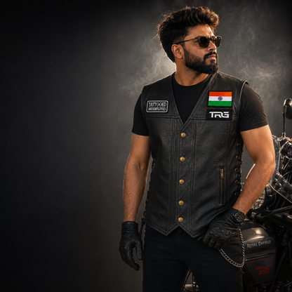 Tattooed and Employed Biker Patch worn on black motorcycle vest by rider beside motorcycle