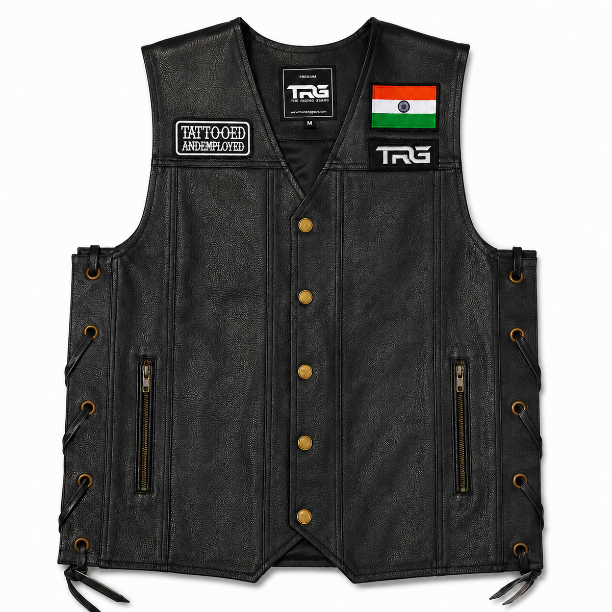 Tattooed and Employed Biker Patch displayed on black motorcycle riding vest on white background