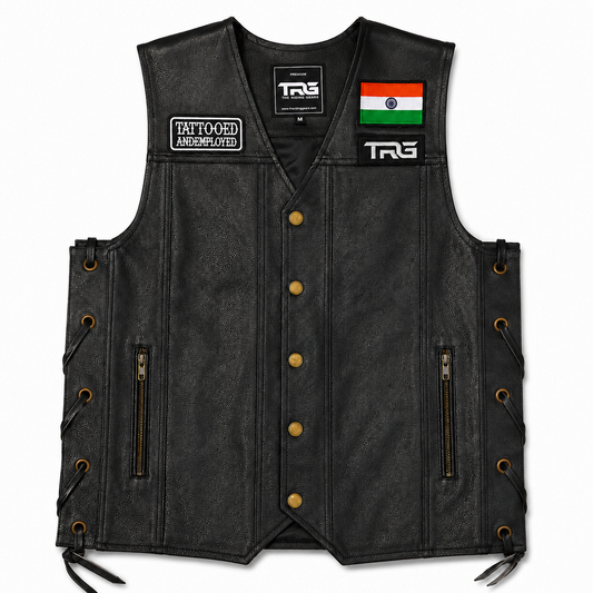 Tattooed and Employed Biker Patch displayed on black motorcycle riding vest on white background