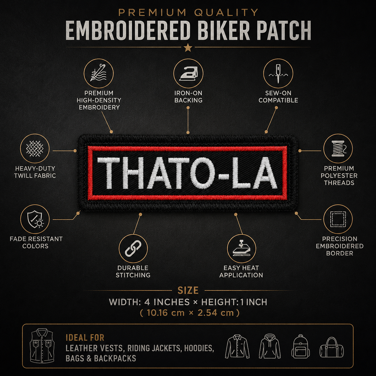 Thato-La biker patch by TRG features infographic showing embroidered biker patch details and size 4 inches x 1 inch
