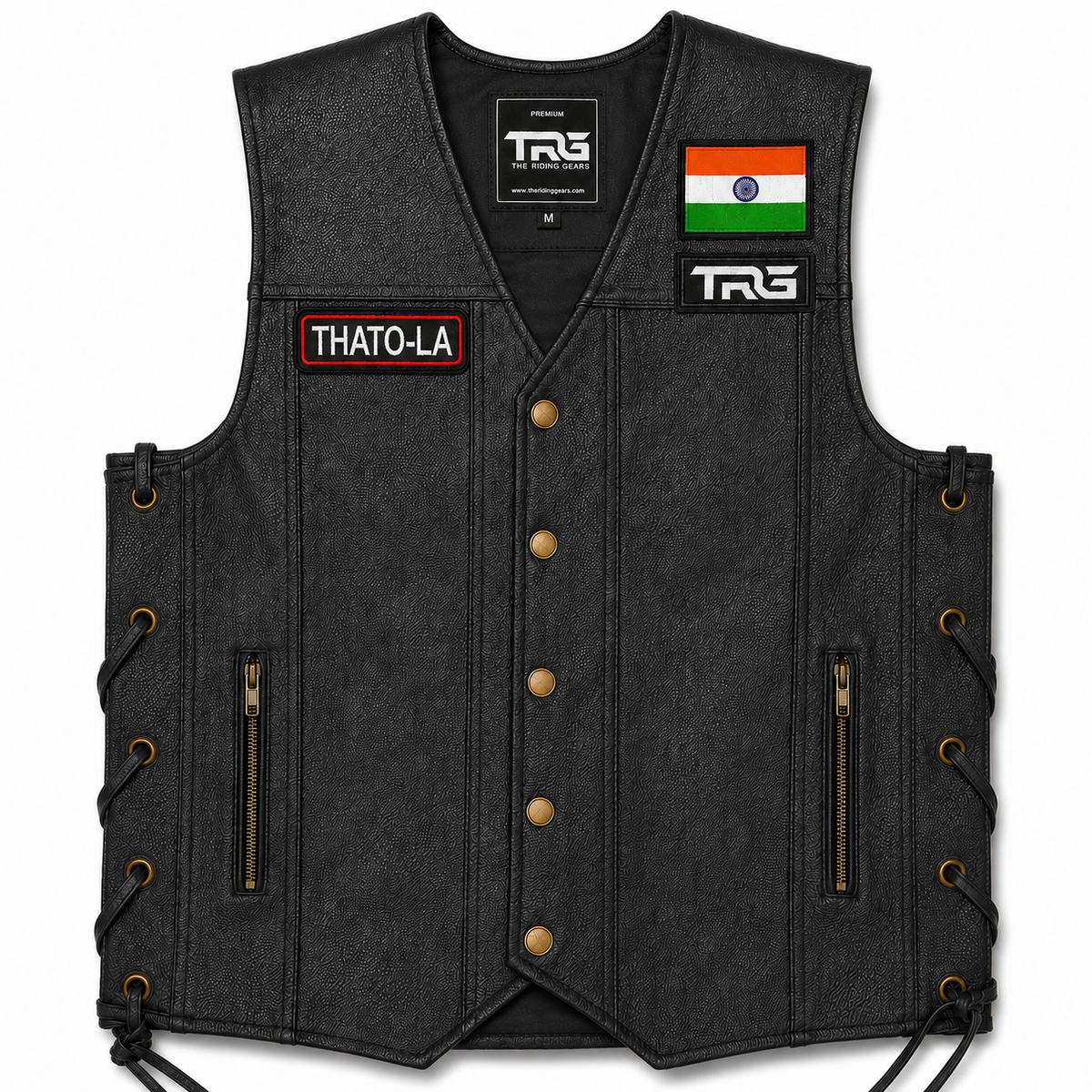 Thato-La biker patch by TRG attached to a black leather riding vest on white background
