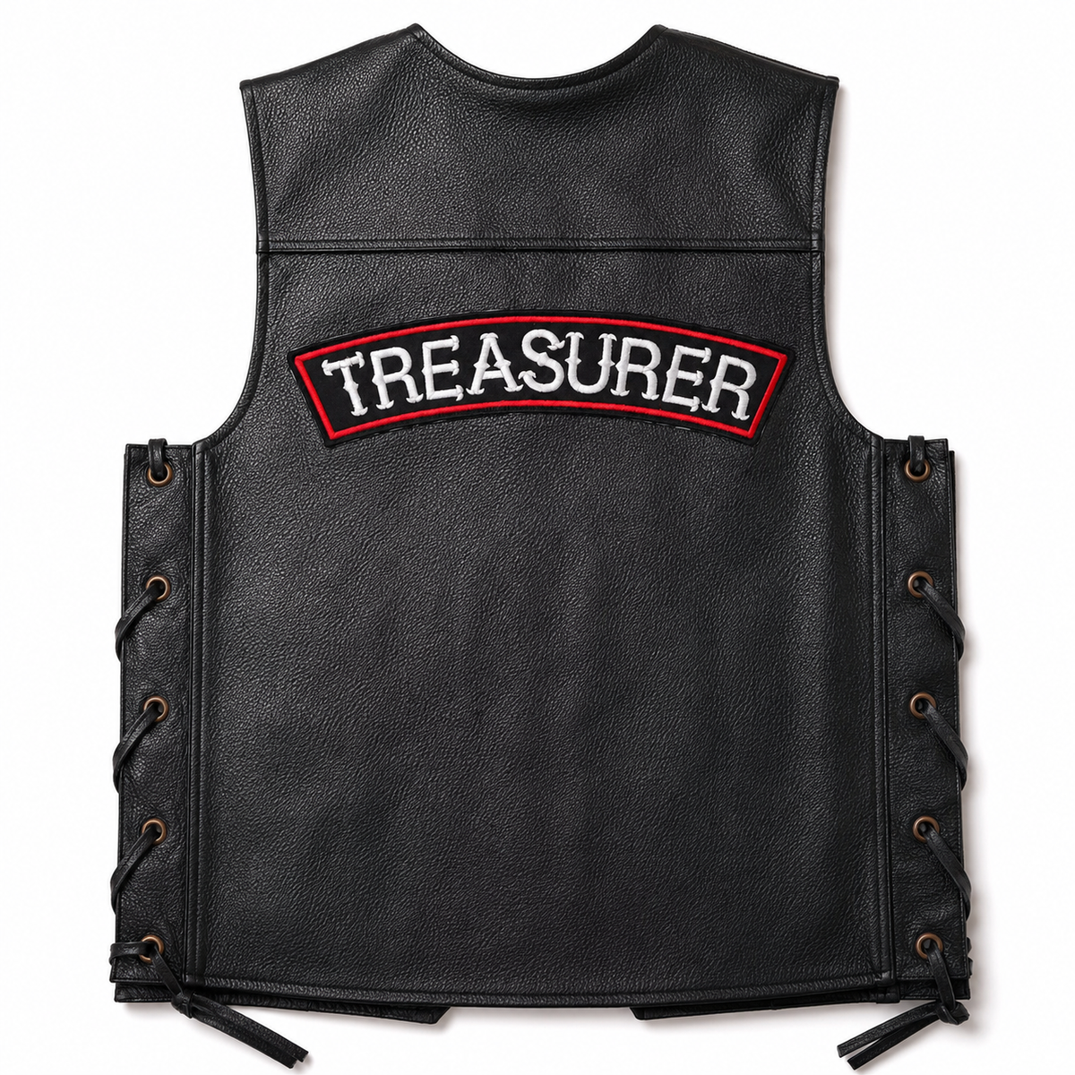 Treasurer back designation patch attached to upper back of black leather motorcycle riding vest.