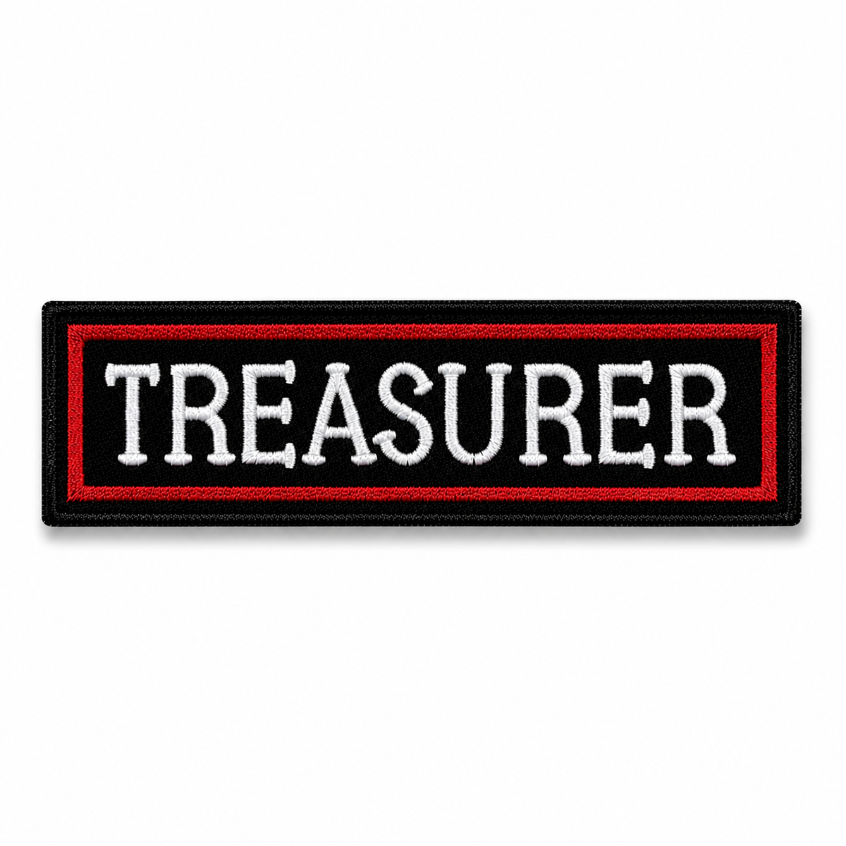 Treasurer Biker Designation Patch variant with white embroidered text, red border and black background