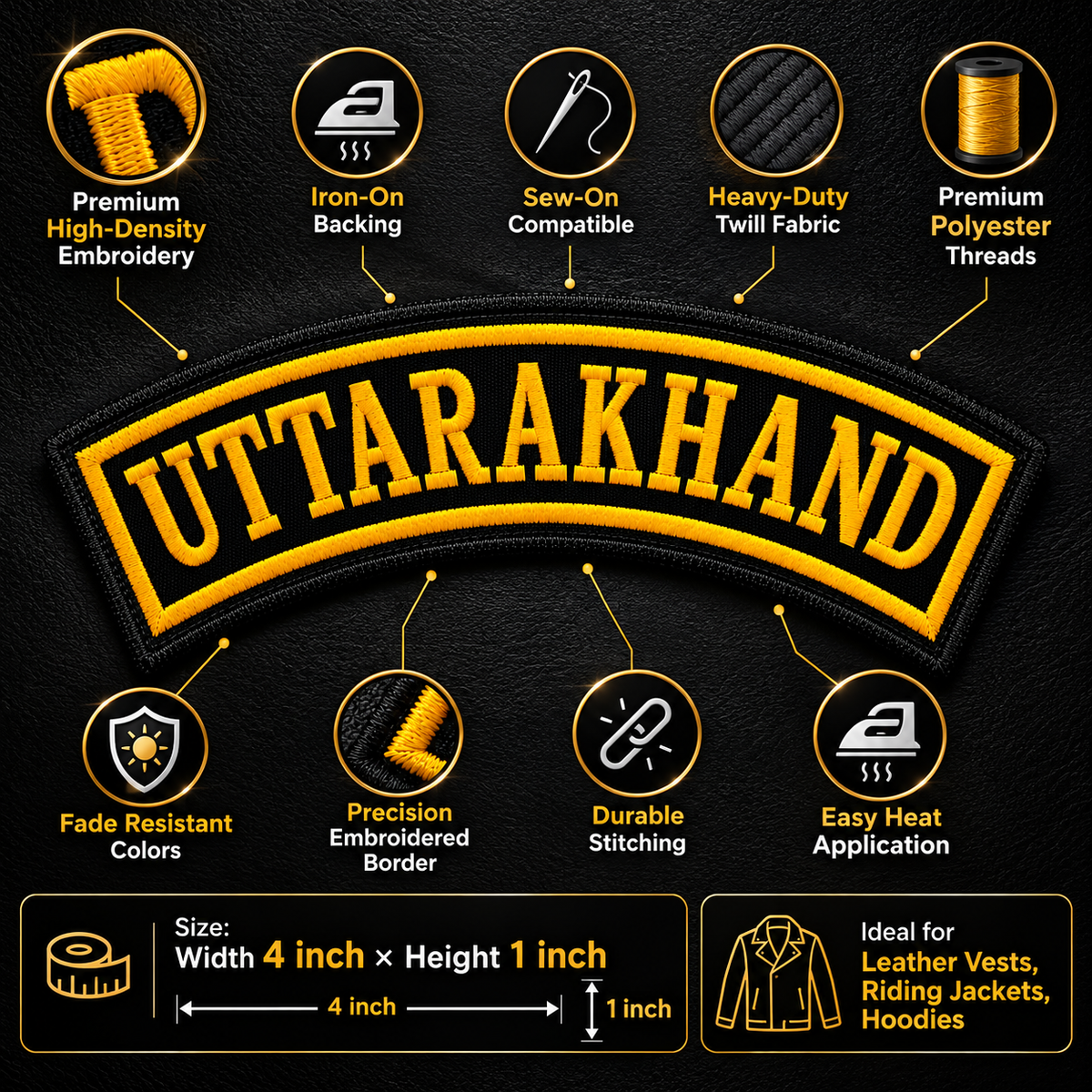 Uttarakhand curved embroidered front patch infographic displaying 4 inch width and 1 inch height, high-density embroidery, iron-on backing, sew-on compatibility, durable stitching and twill fabric.