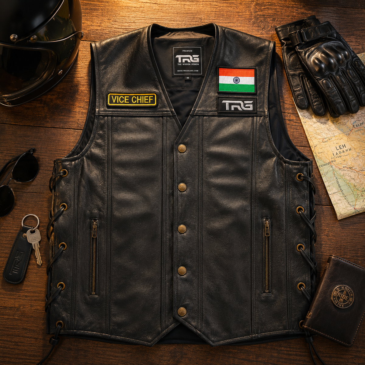 Vice Chief Biker Designation Patch displayed on premium black leather motorcycle vest
