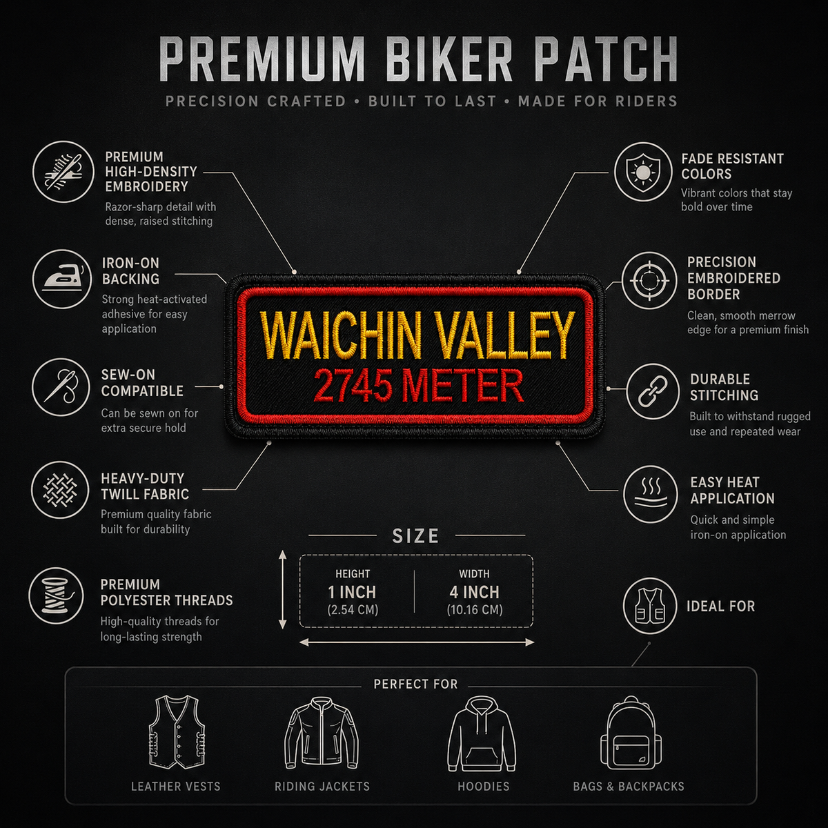 Waichin Valley 2745 Meter expedition embroidery patch by TRG features infographic showing 1 inch height and 4 inch width