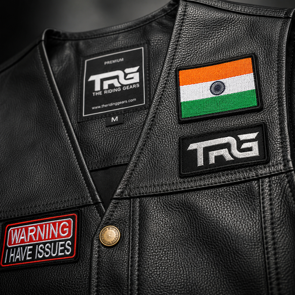 Warning I Have Issues Biker Patch close-up showing detailed embroidery on black leather riding vest