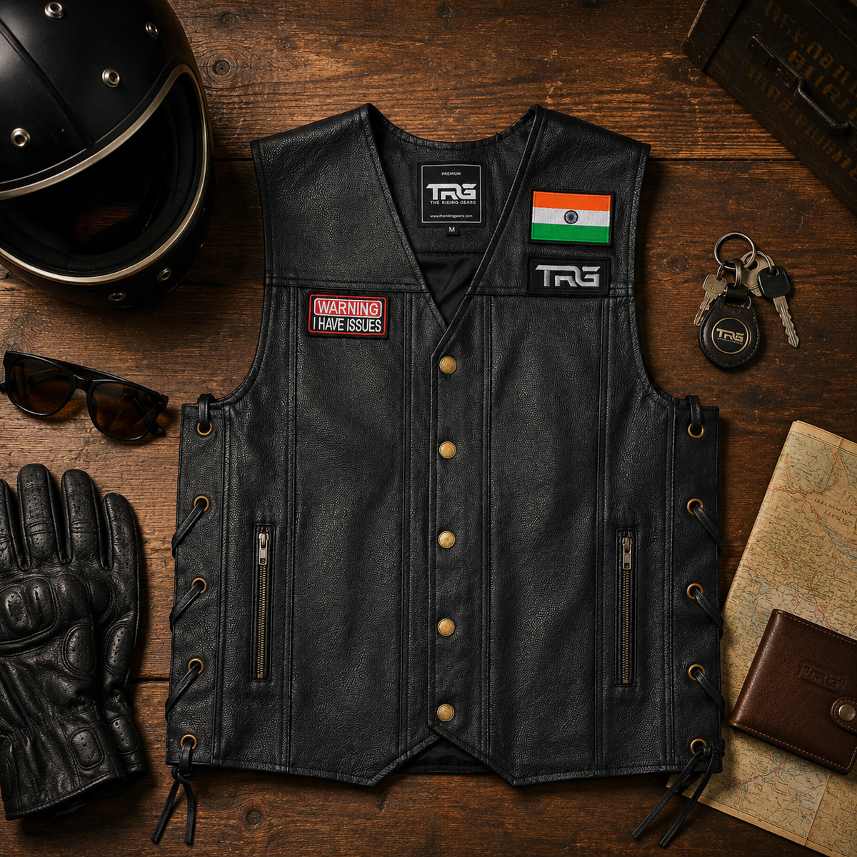 Warning I Have Issues Biker Patch displayed on black biker vest with motorcycle riding accessories