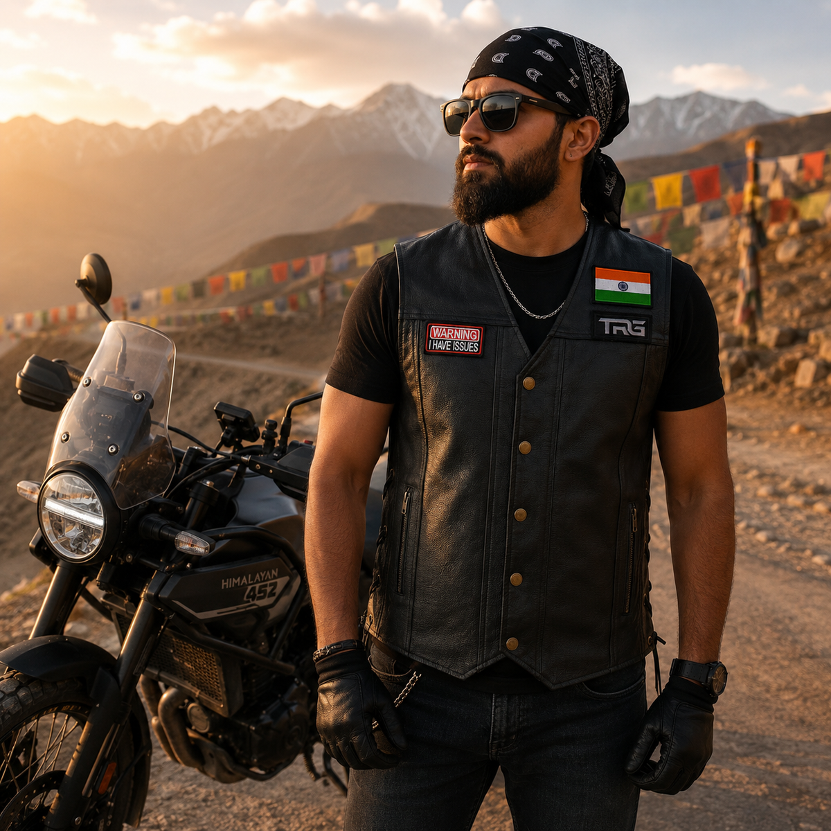 Warning I Have Issues Biker Patch worn by motorcycle rider on black vest beside adventure bike
