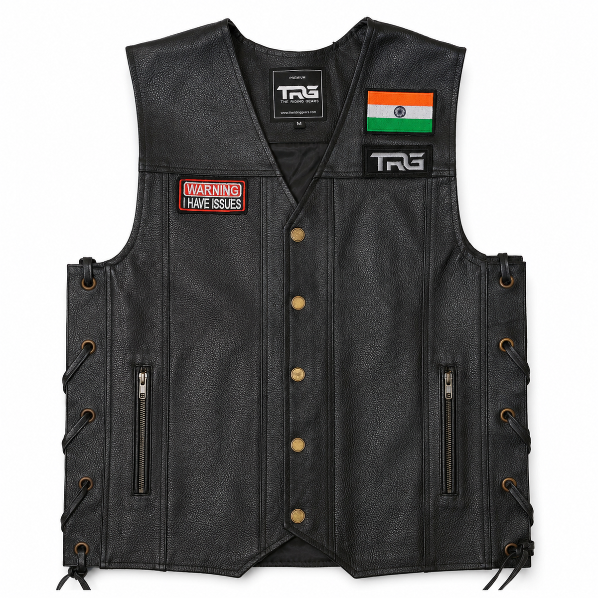 Warning I Have Issues Biker Patch displayed on black motorcycle riding vest on white background
