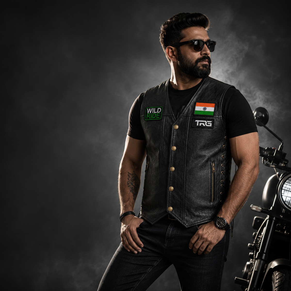 Wild Ride Biker Patch worn by motorcycle rider with black adventure bike