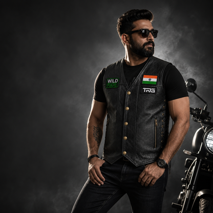 Wild Ride Biker Patch worn by motorcycle rider with black adventure bike
