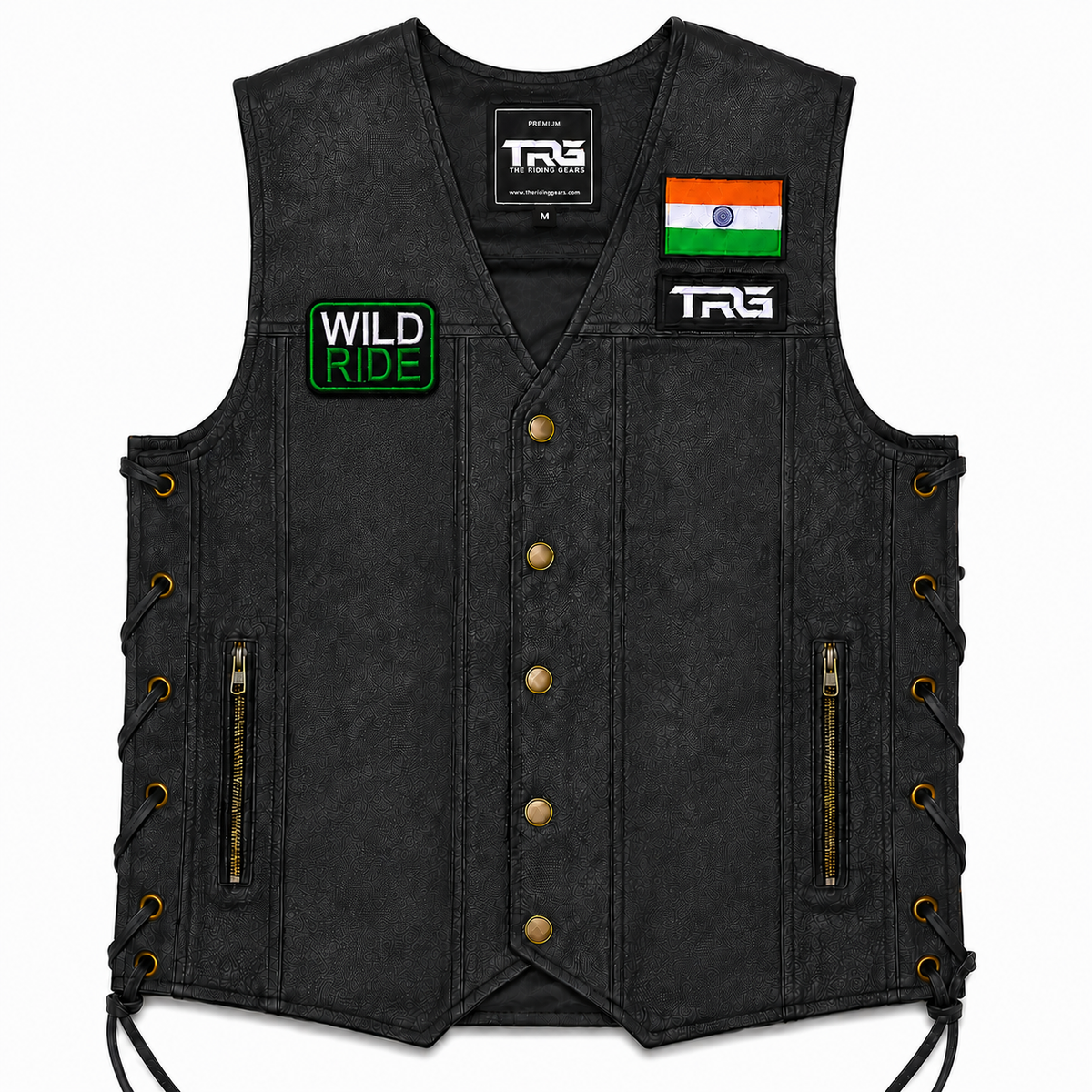 Wild Ride Biker Patch displayed on black motorcycle riding vest on white background