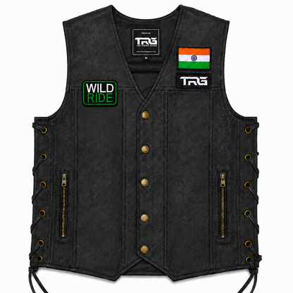 Wild Ride Biker Patch displayed on black motorcycle riding vest on white background