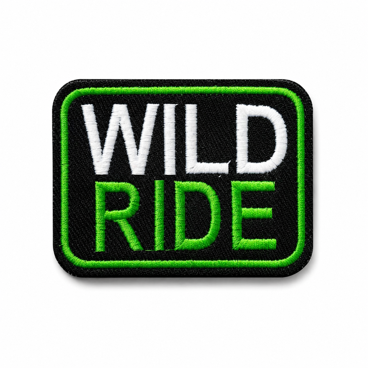 Wild Ride Biker Patch green and white embroidered motorcycle patch on white background