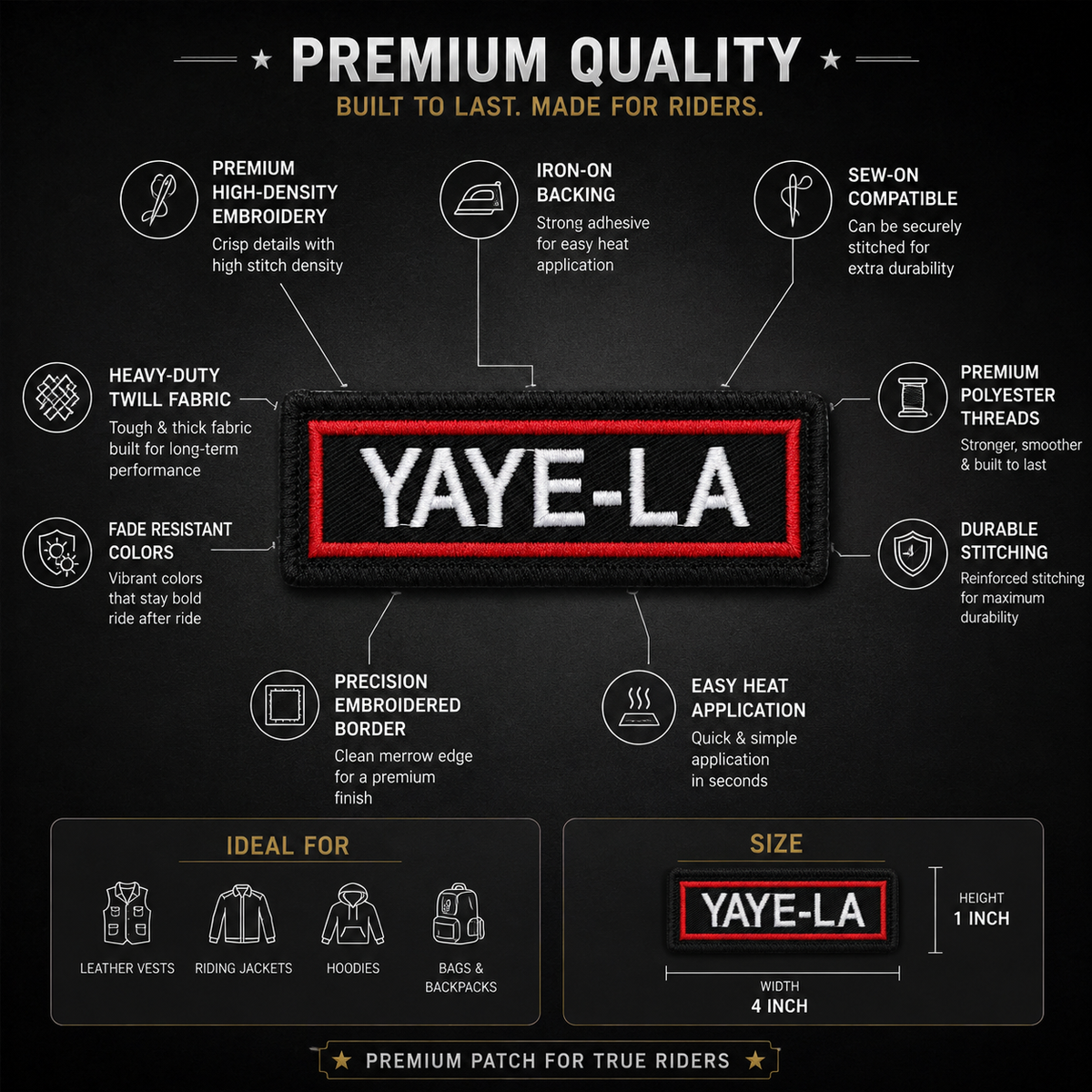 Yaye-LA expedition embroidery patch by TRG features infographic showing 1 inch height and 4 inch width